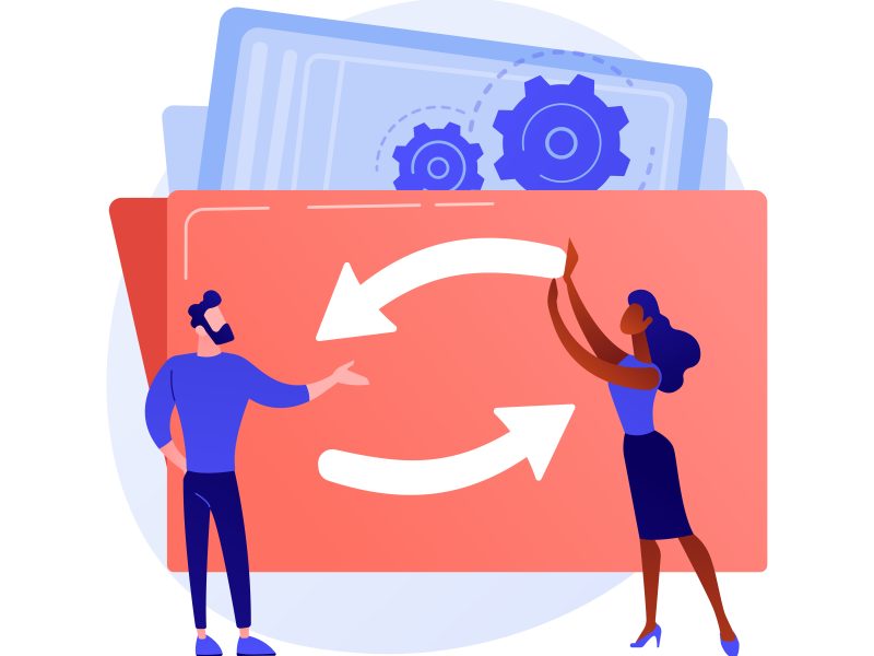 Mechanism of teamwork. Cartoon characters spinning gears together. Coworking, collaboration, partnership. Team building and cooperation technology. Vector isolated concept metaphor illustration