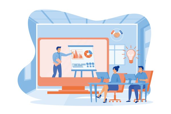 Online Training Conference for Office Workers. Colleagues Sitting with Laptop at Desks Receive Knowledge from Coach. flat vector modern illustration